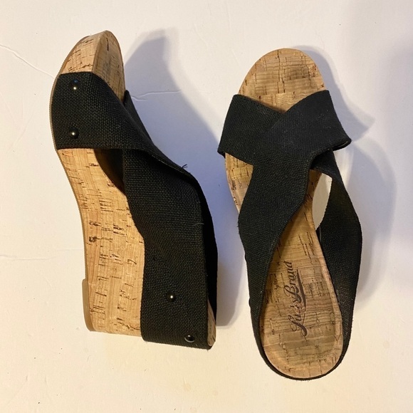 Lucky Brand Miller 2 Cork Wedge Platform Black Linen Strap Sandals 8 - Picture 3 of 11